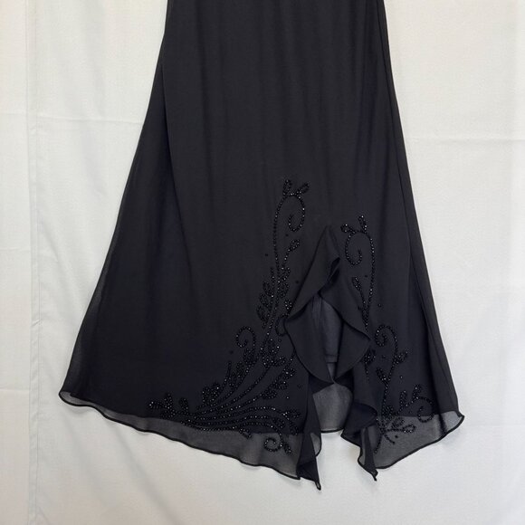 90s Vintage R&M Richards Black Chiffon Beaded Ruffle Slit Cocktail Midi Dress - Picture 5 of 13